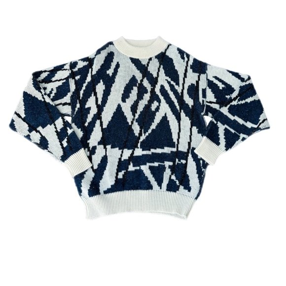 Vintage Donegal Navy Blue/Cream Graphic Mockneck Sweater | Size Large - Picture 1 of 8